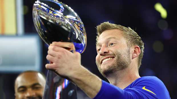 Feb 13, 2022; Inglewood, CA, USA; Los Angeles Rams head coach Sean McVay hoists the Lombardi Trophy after defeating the Cincinnati Bengals in Super Bowl LVI at SoFi Stadium. Mandatory Credit: Mark J. Rebilas-USA TODAY Sports
